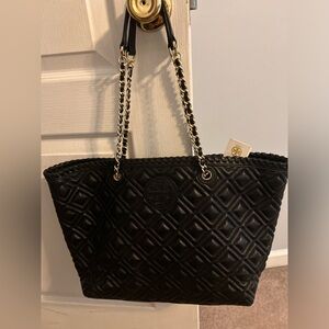 Tory Burch black leather quilted tote